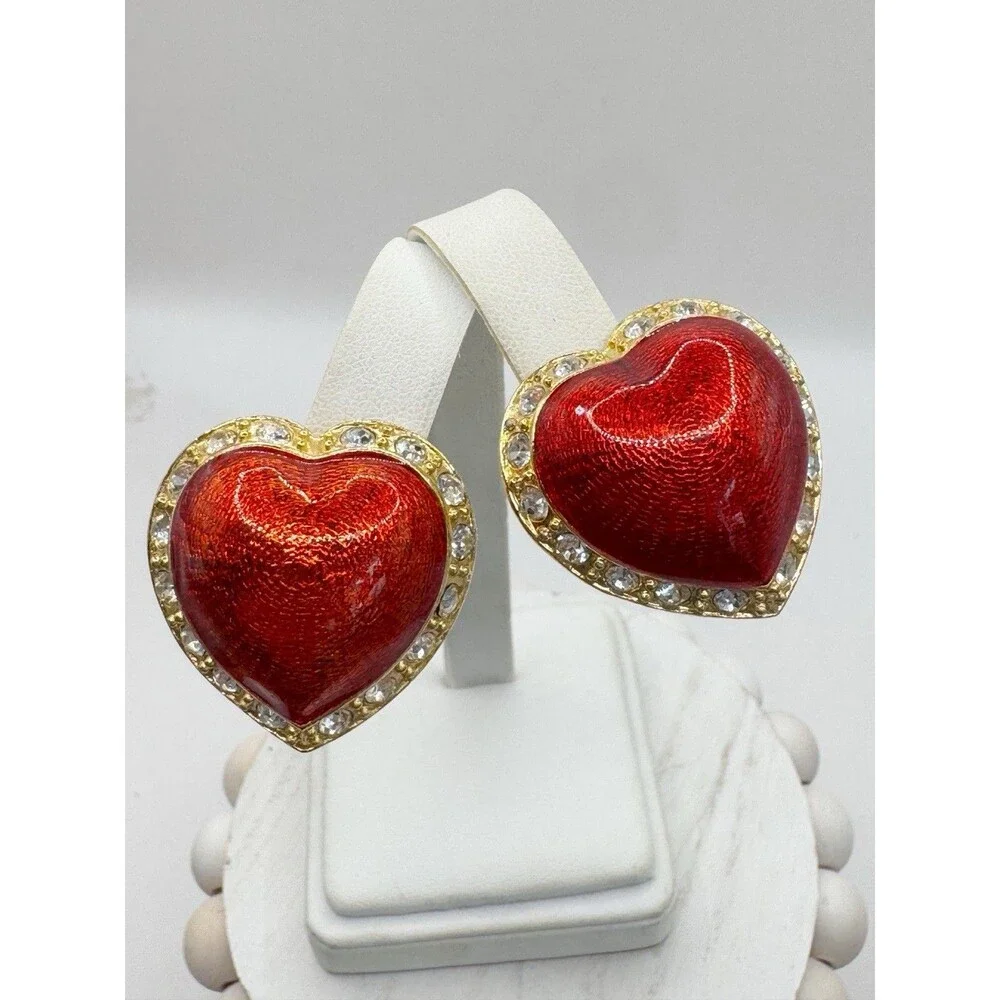 Vintage Victoria's Secret Red Enamel Puff Heart Clip on Earrings Rhinestone